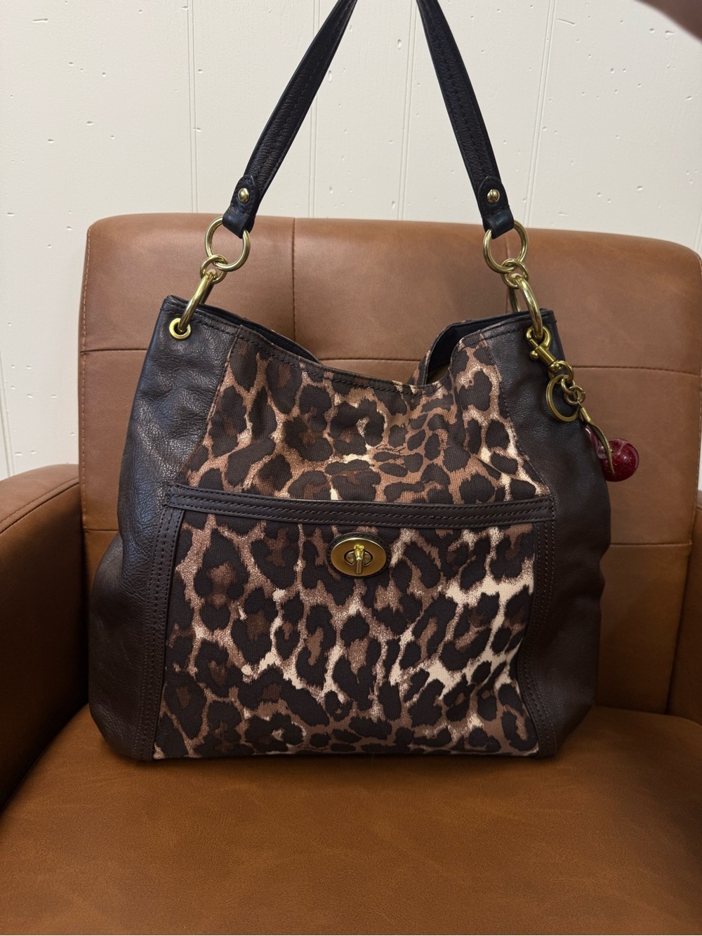Coach Brown and Black Leopard-Print Leather Shoulder Bag
